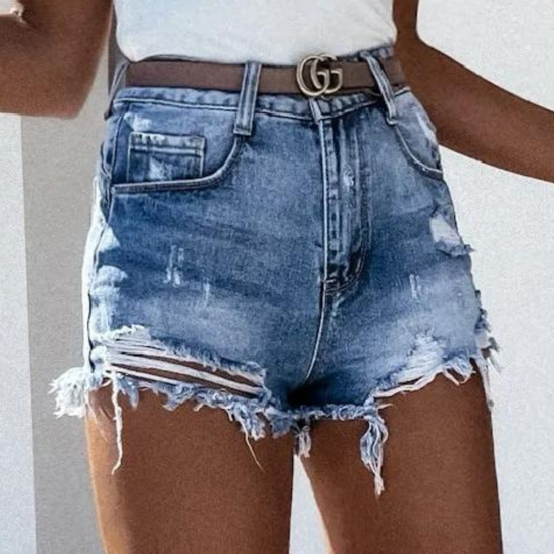 Denis - High-Waisted Ripped Denim Shorts mit Waschfransen