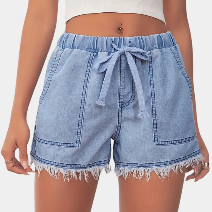 Rosalba - Damen-Jeansshorts mit Fransenbesatz und Kordelzug