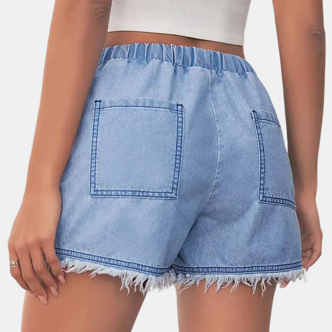 Rosalba - Damen-Jeansshorts mit Fransenbesatz und Kordelzug