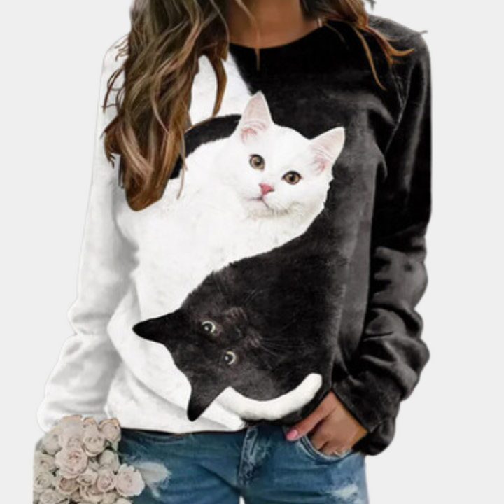 Rina - Langarm-Shirt für Damen mit Katzenprint