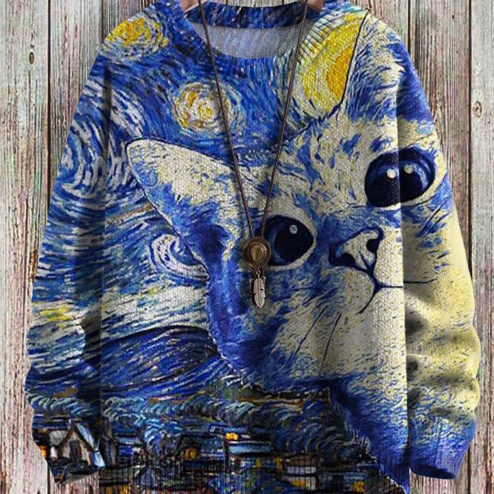 Gudruna - Lässiger Damenpullover mit Katzenprint