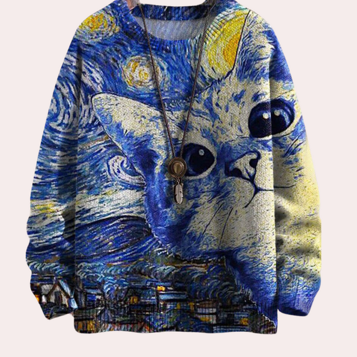 Gudruna - Lässiger Damenpullover mit Katzenprint