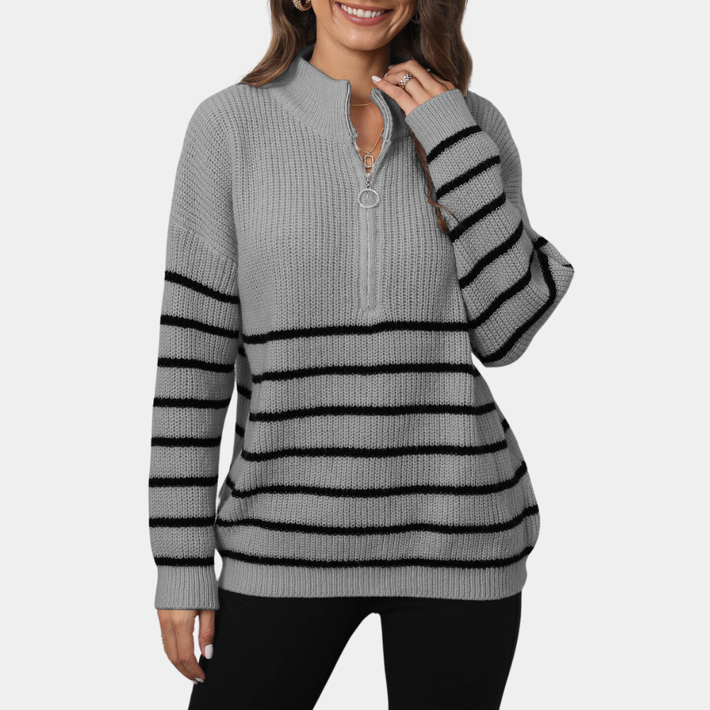 Nydia - Gestreifter Strickpullover mit halbem Reißverschluss für Damen