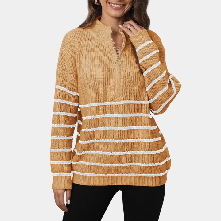 Nydia - Gestreifter Strickpullover mit halbem Reißverschluss für Damen