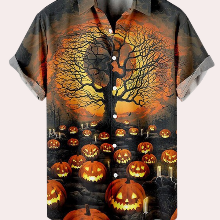 Vilmos - Herren-Halloween-Shirt mit Kürbis und Baum