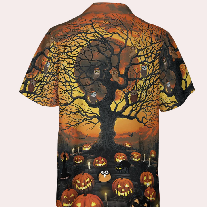 Vilmos - Herren-Halloween-Shirt mit Kürbis und Baum