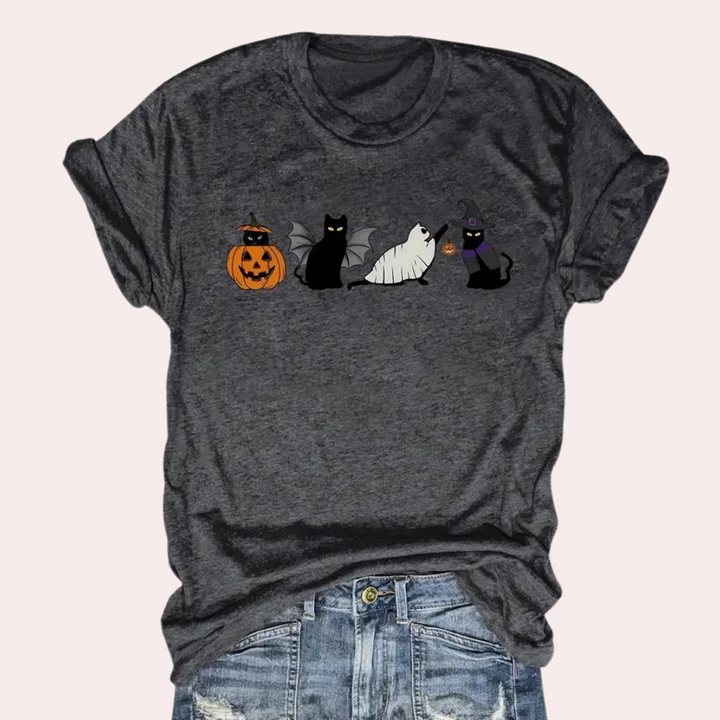 Kati - Damen-Halloween-T-Shirt mit Katze und Kürbis