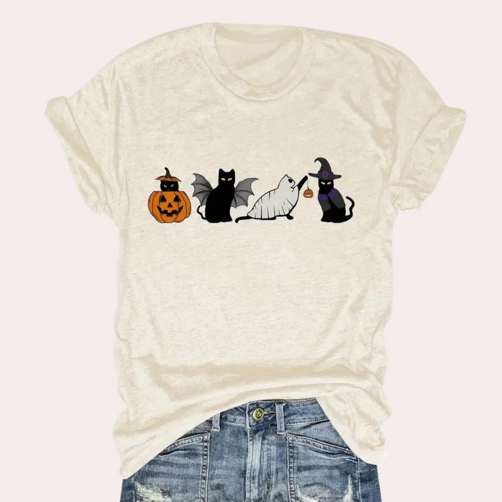 Kati - Damen-Halloween-T-Shirt mit Katze und Kürbis