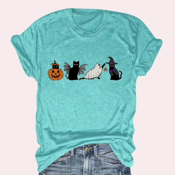 Kati - Damen-Halloween-T-Shirt mit Katze und Kürbis