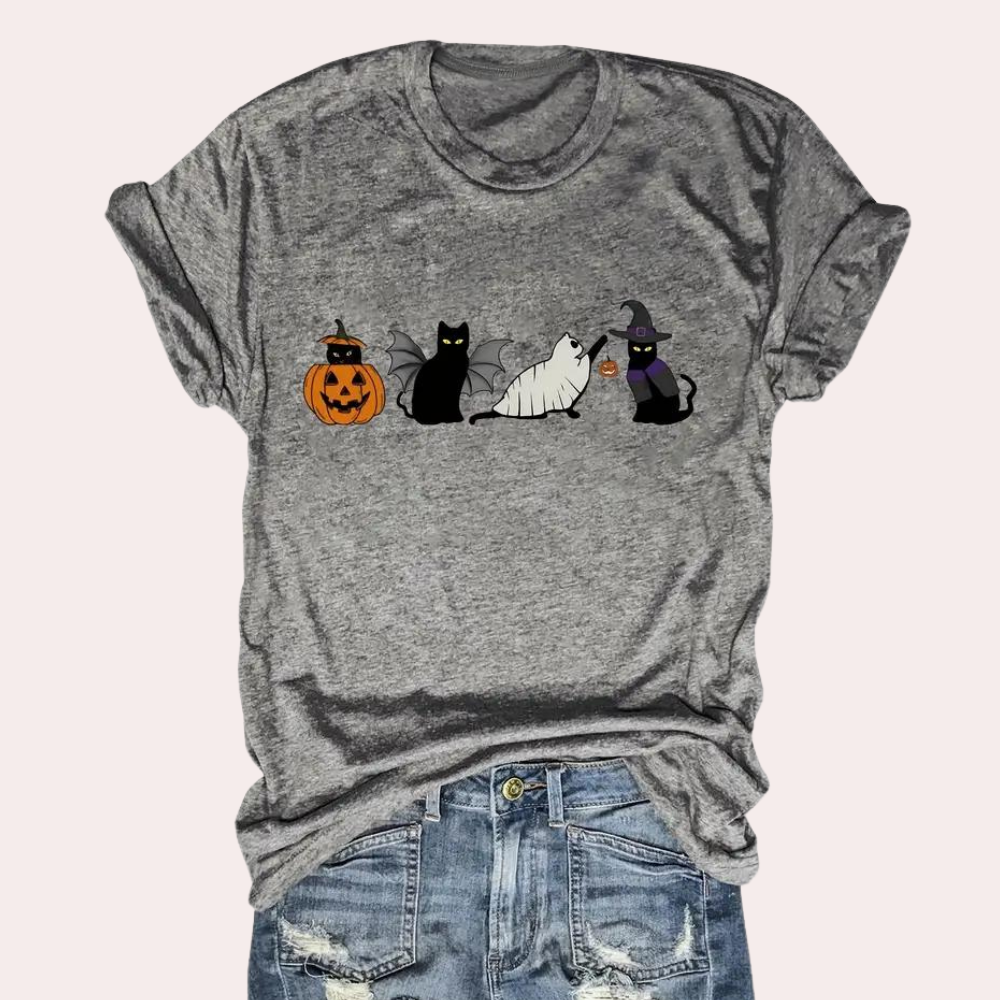 Kati - Damen-Halloween-T-Shirt mit Katze und Kürbis