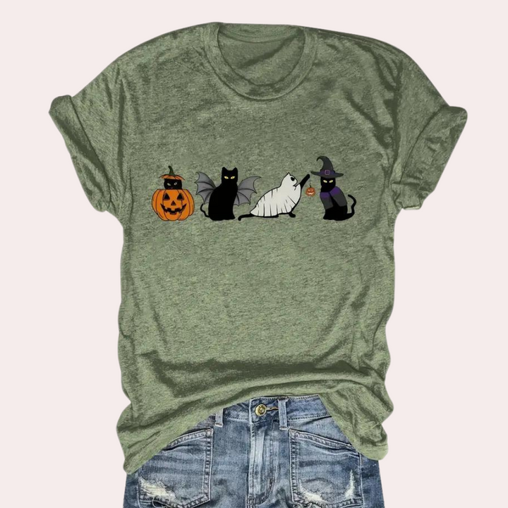 Kati - Damen-Halloween-T-Shirt mit Katze und Kürbis