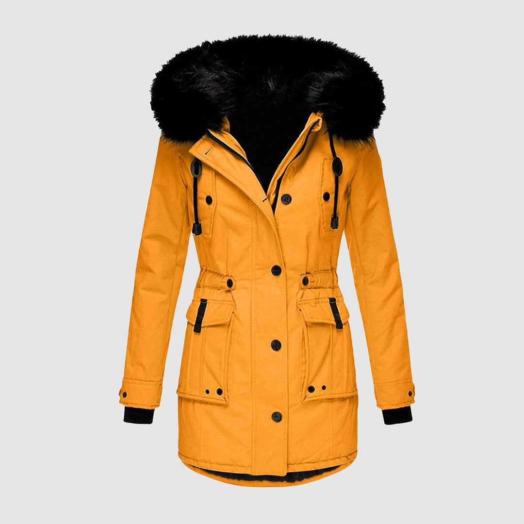 Orangefarbener Winterjacke vorne mit Pelzkragen für Damen