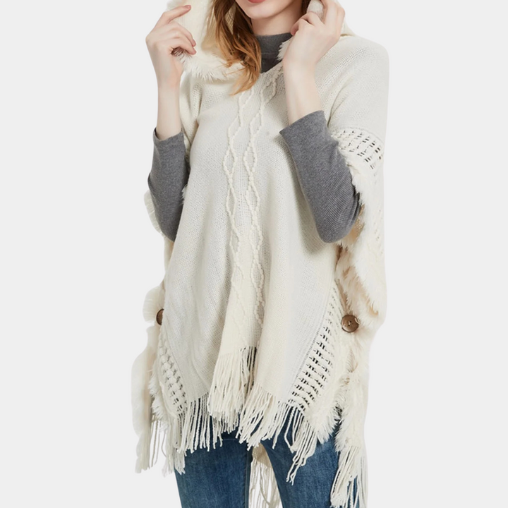 MIRIANA - Damen Kapuzen-Poncho-Strickpullover